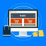 affiliatemarknadsföring och e-handel illustreras med en dator, shoppingväska och pengar